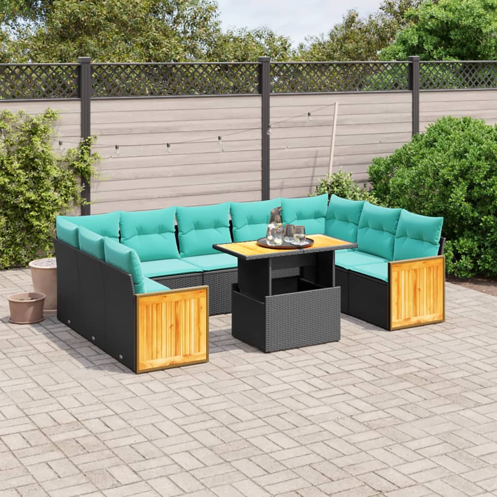10 pcs conjunto de sofás p/ jardim c/ almofadões vime PE preto