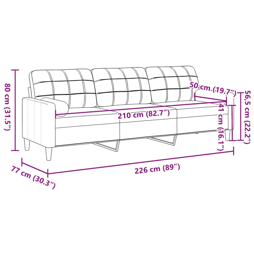 Sofá 3 lugares c/ almofadas decorativas 210 cm tecido castanho