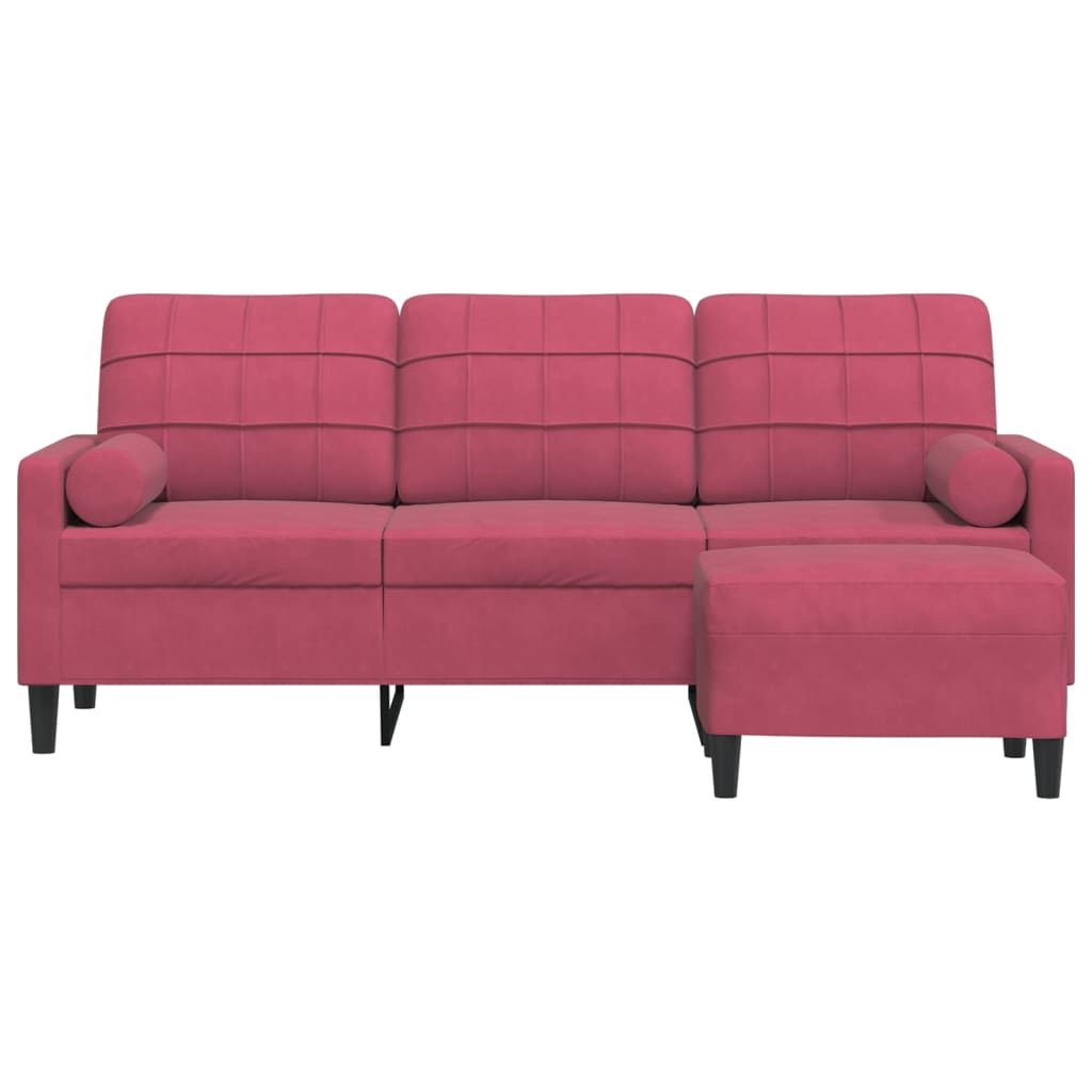 Sofá de 3 lugares com apoio de pés 180 cm veludo vermelho tinto
