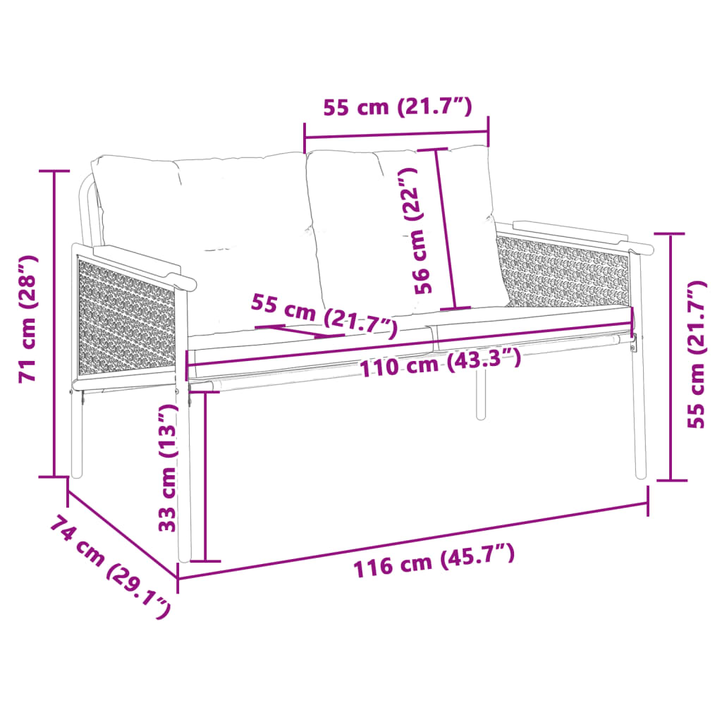 Banco de jardim com almofadões 116 cm aço preto