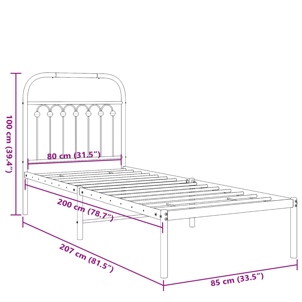 Estrutura de cama com cabeceira 80x200 cm metal preto