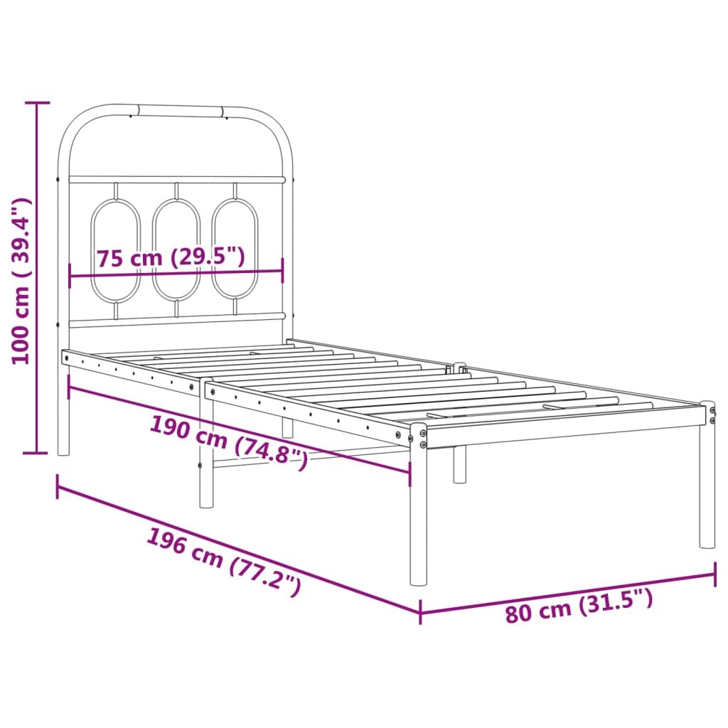 Estrutura de cama metal s/ colchão c/ cabeceira 75x190 cm preto