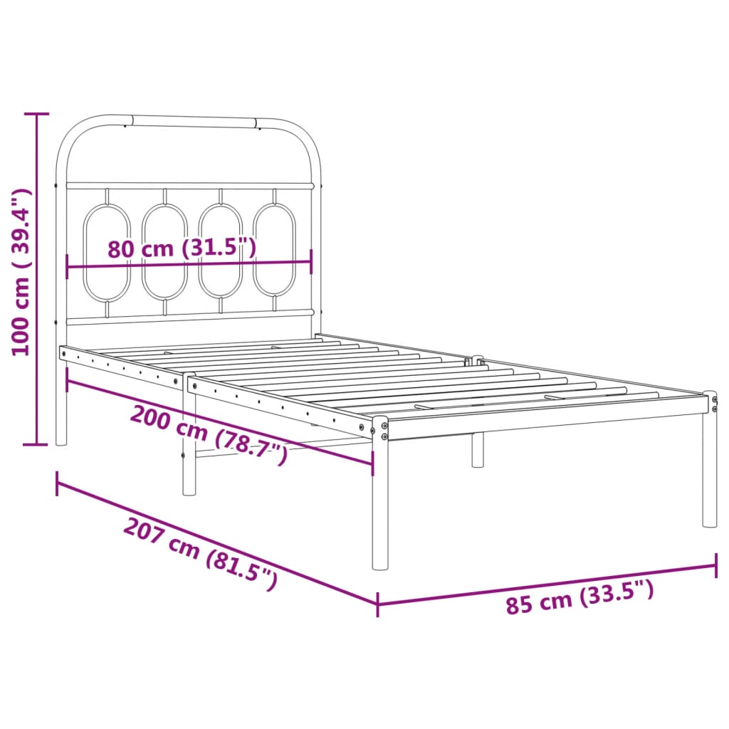 Estrutura de cama com cabeceira 80x200 cm metal preto