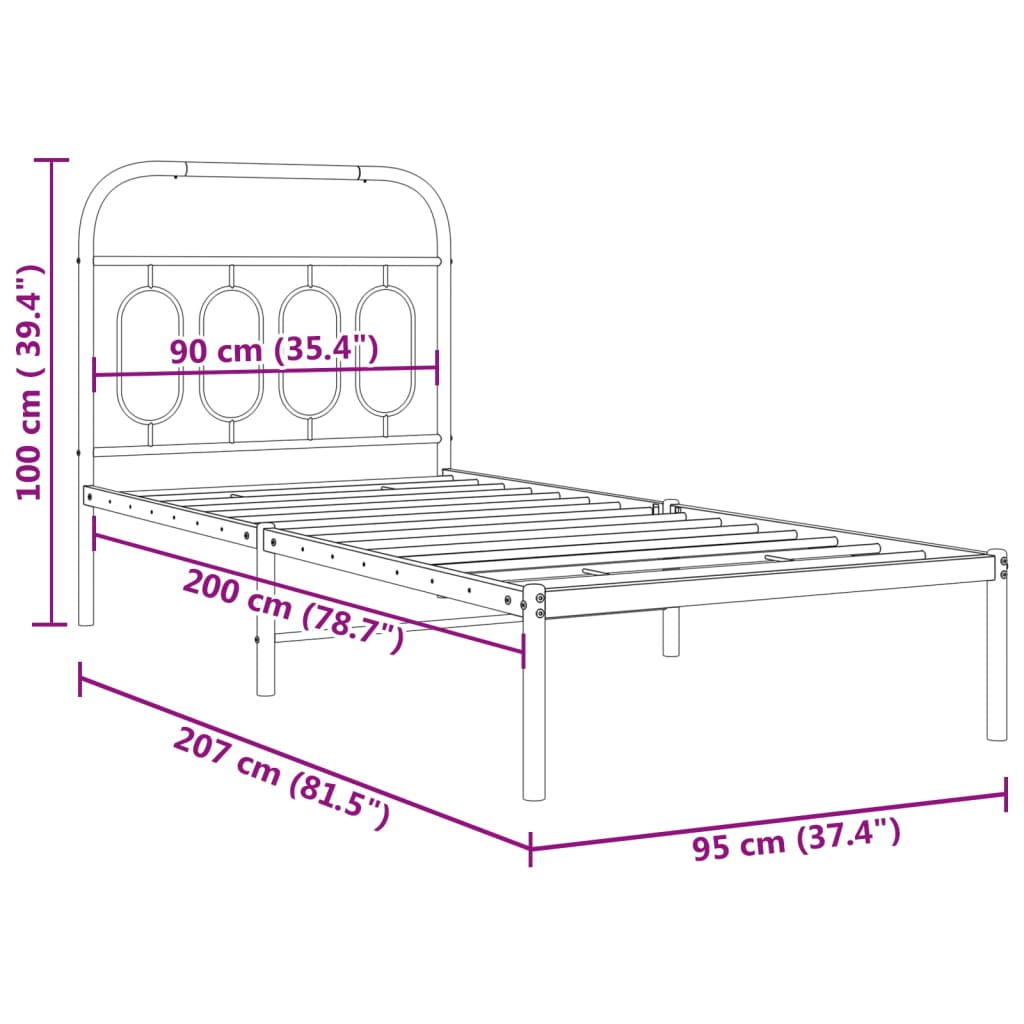 Estrutura de cama com cabeceira 90x200 cm metal preto