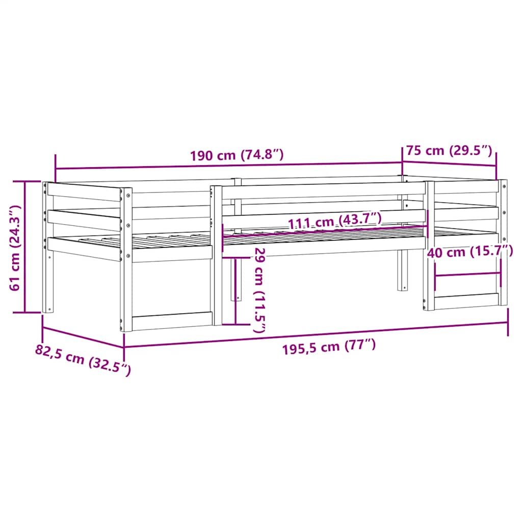 Estrutura de cama infantil 75x190 cm pinho maciço castanho-mel