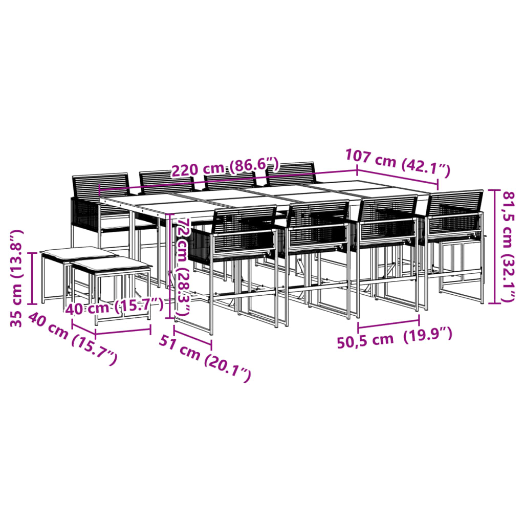 13 pcs conjunto de jantar p/jardim com almofadões vime PE preto