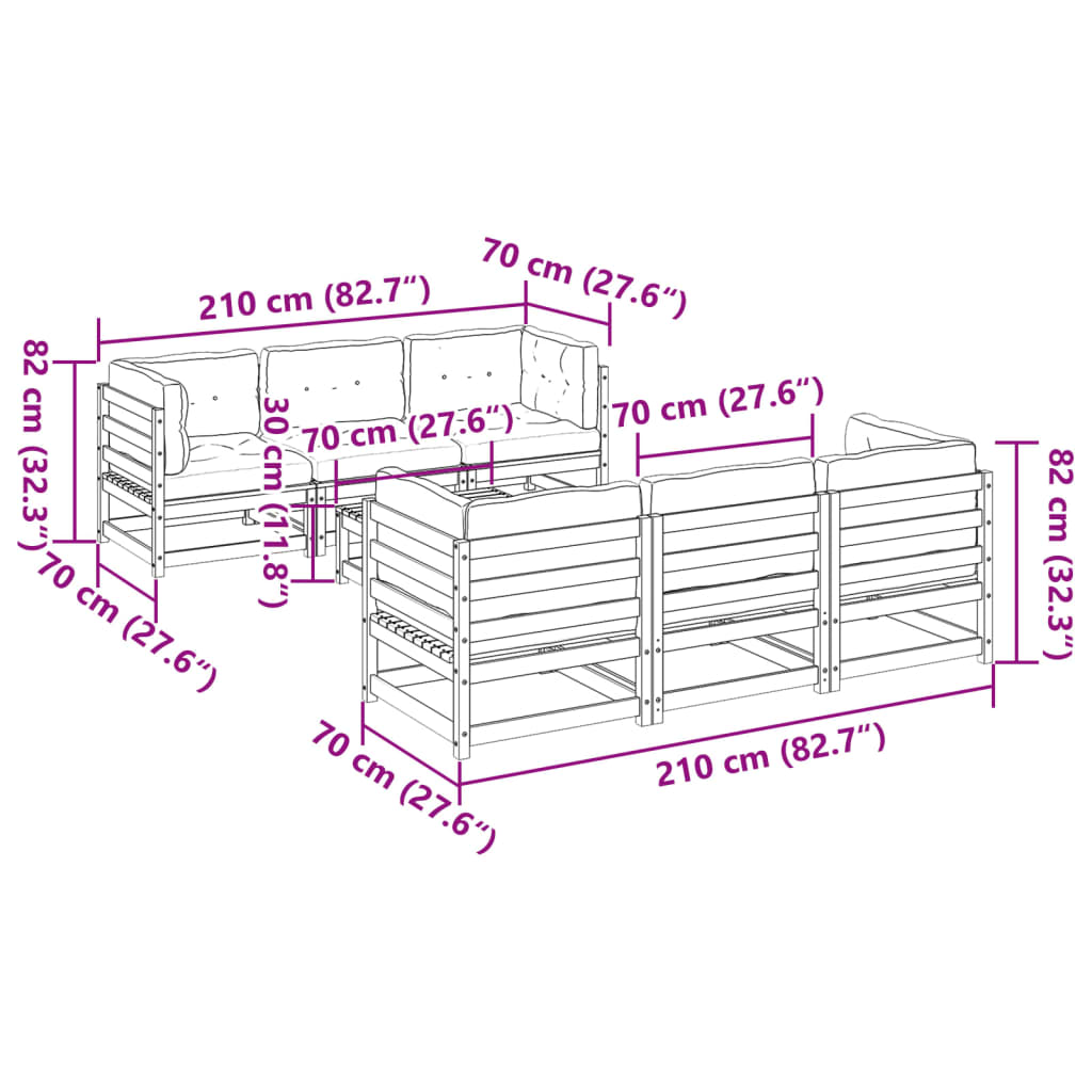 7 pcs conjunto sofás de jardim com almofadões pinho maciço