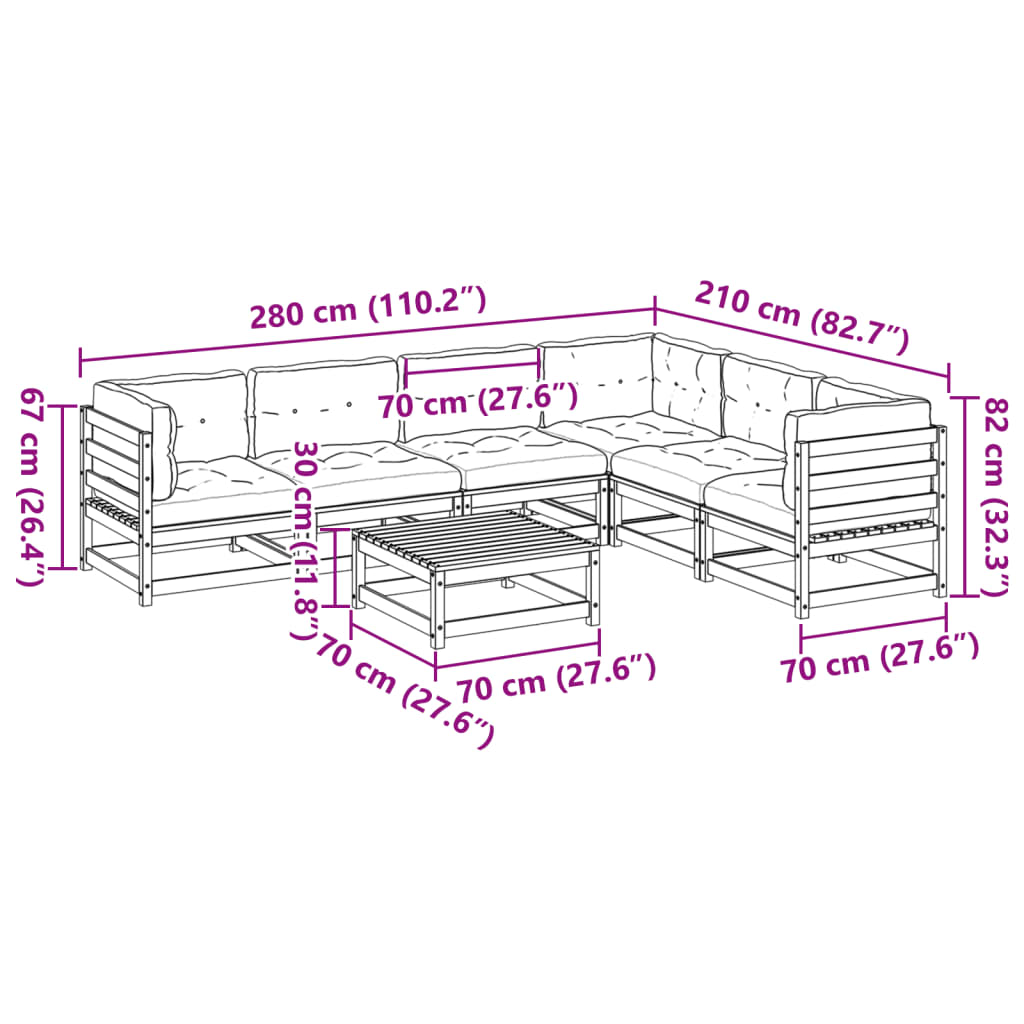 7 pcs conjunto sofás de jardim com almofadões pinho maciço