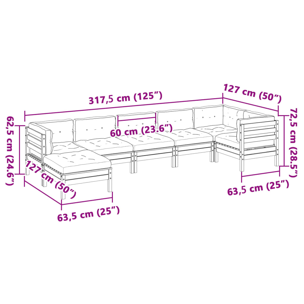 7 pcs conjunto sofás de jardim c/ almofadões pinho impregnado