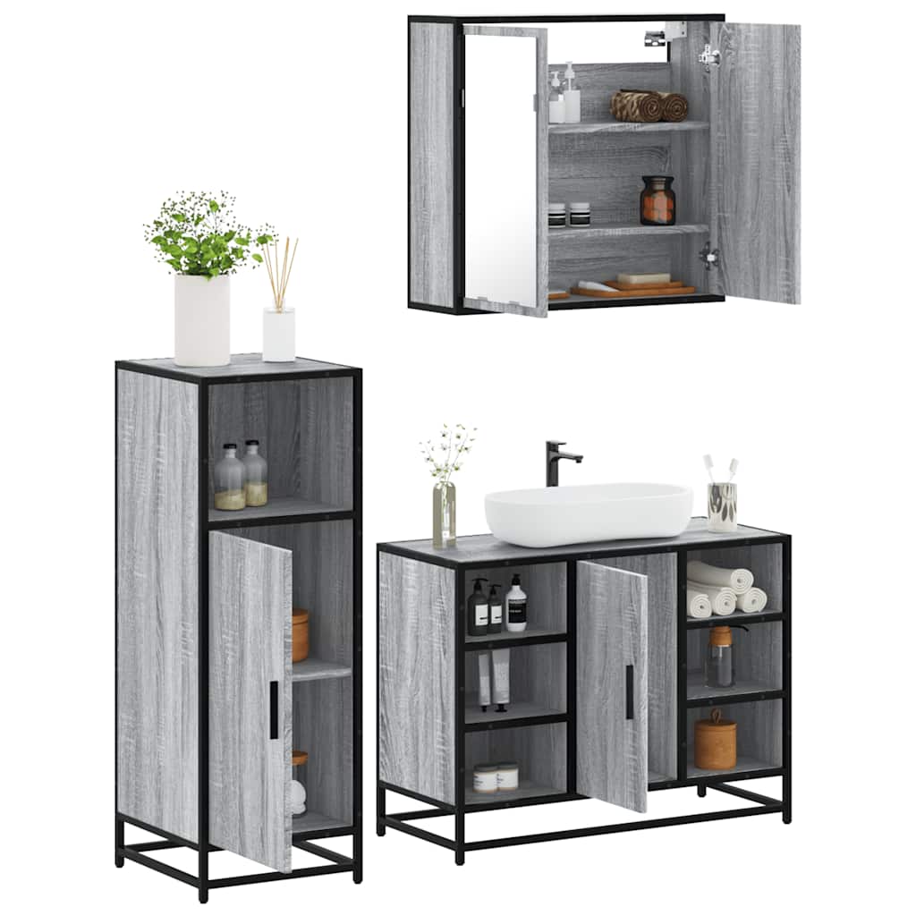 3 pcs Conjunto móveis casa de banho madeira proc. cinza sonoma