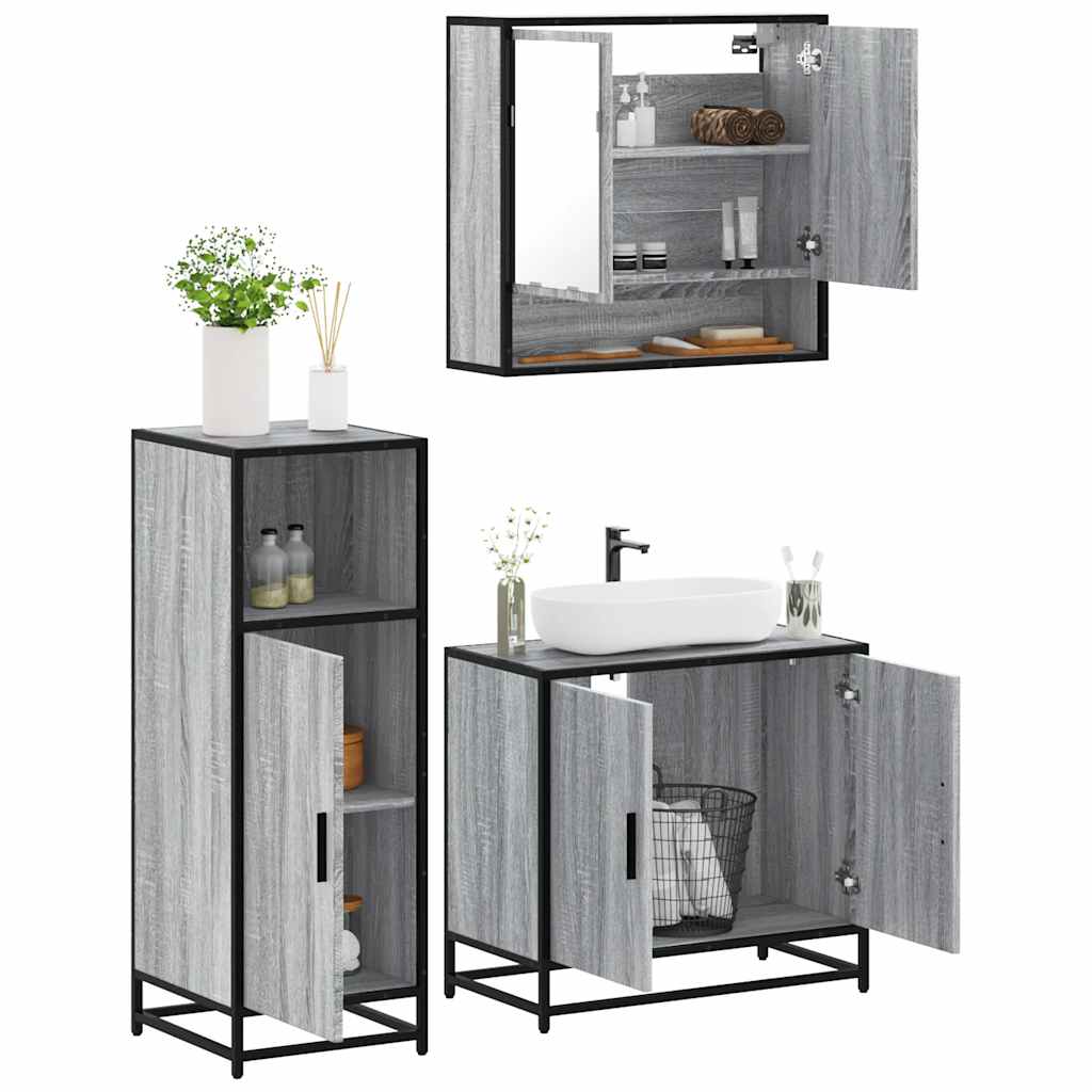 3 pcs Conjunto móveis casa de banho madeira proc. cinza sonoma