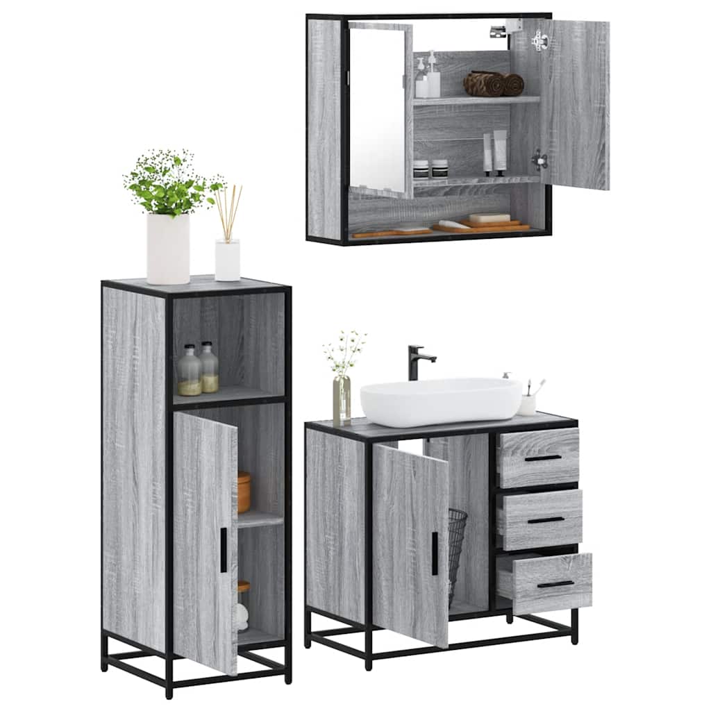 3 pcs Conjunto móveis casa de banho madeira proc. cinza sonoma