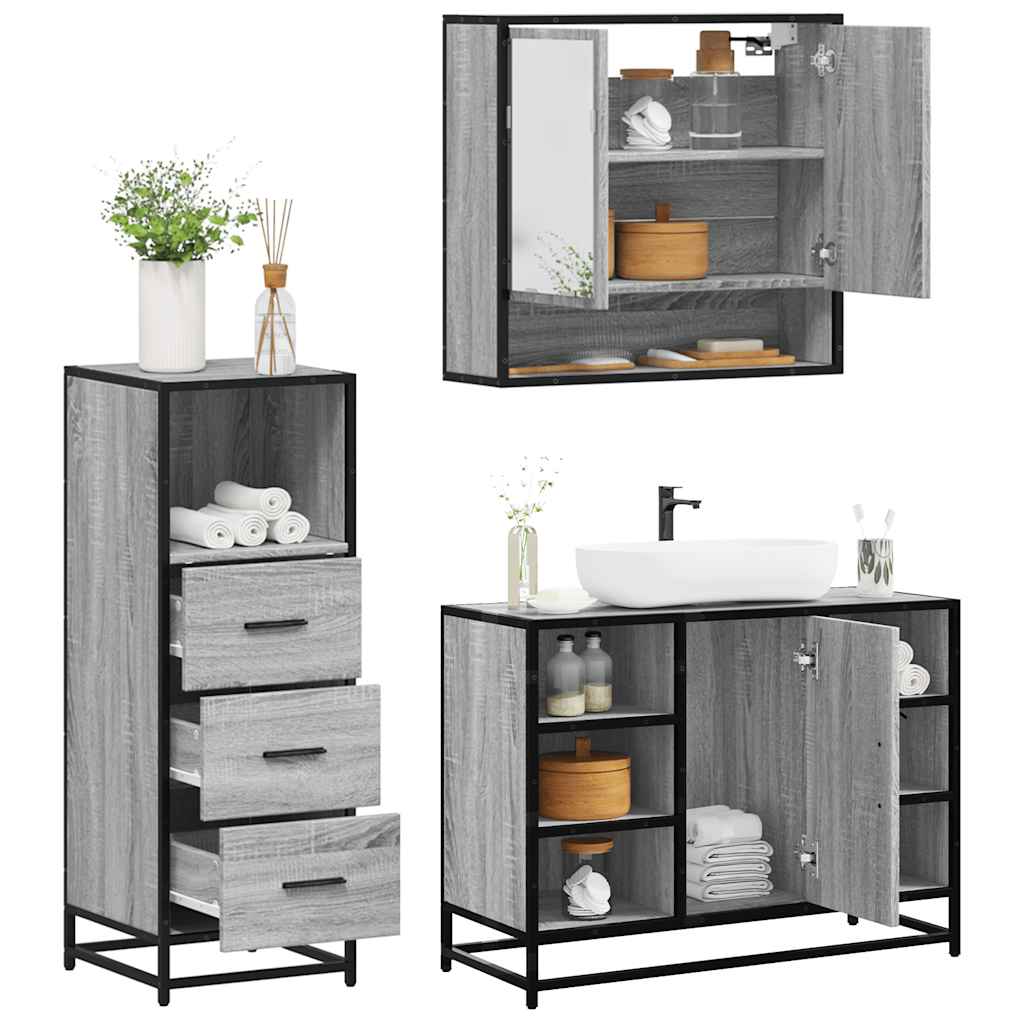 3 pcs Conjunto móveis casa de banho madeira proc. cinza sonoma