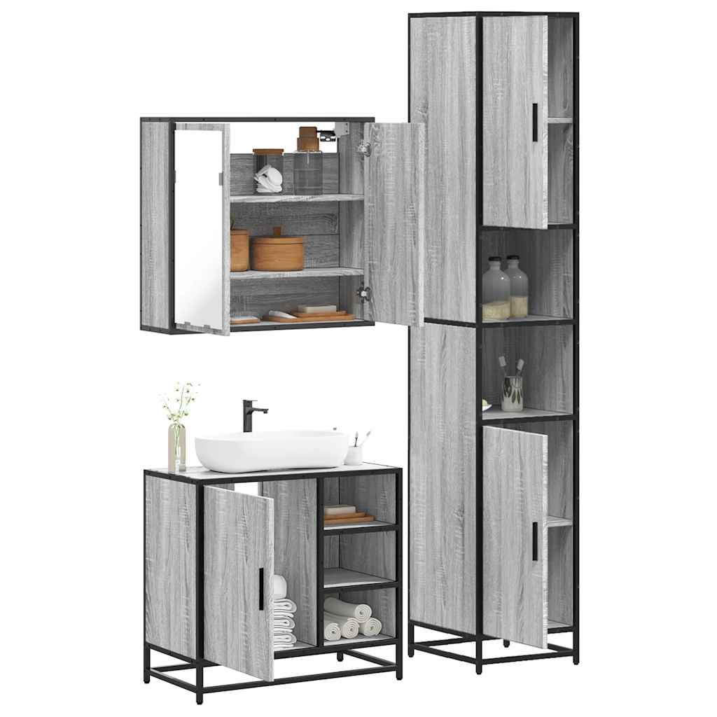 3 pcs Conjunto móveis casa de banho madeira proc. cinza sonoma