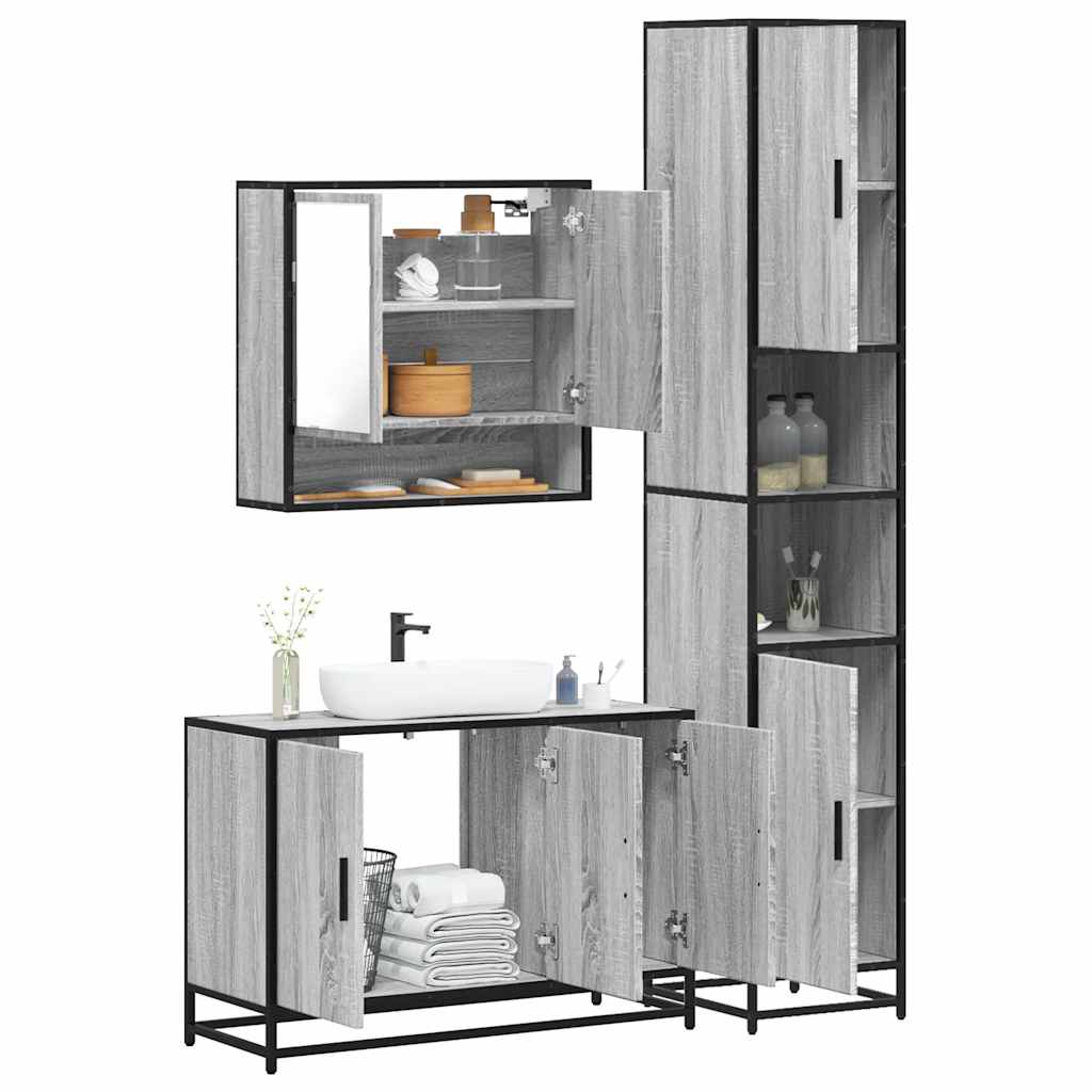 3 pcs Conjunto móveis casa de banho madeira proc. cinza sonoma