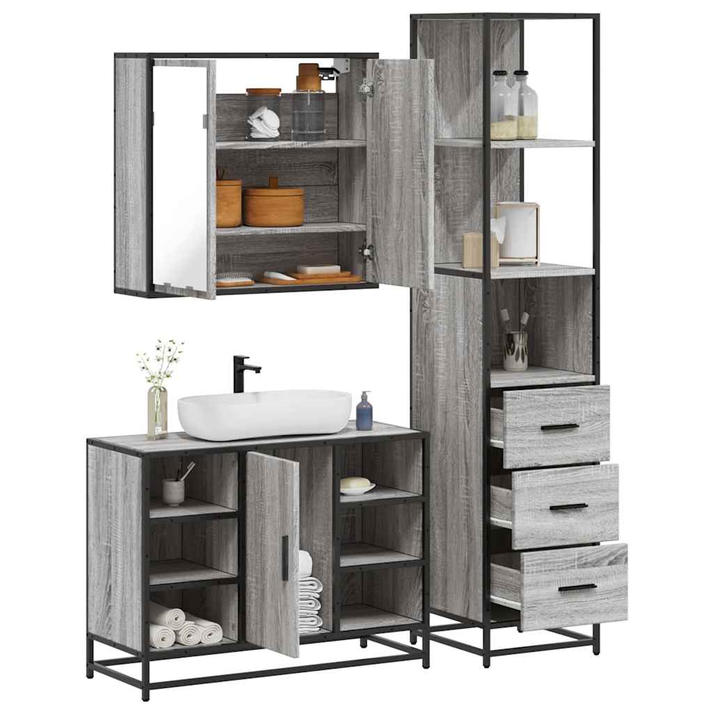 3 pcs Conjunto móveis casa de banho madeira proc. cinza sonoma