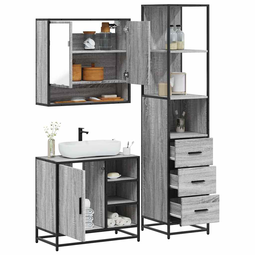 3 pcs Conjunto móveis casa de banho madeira proc. cinza sonoma