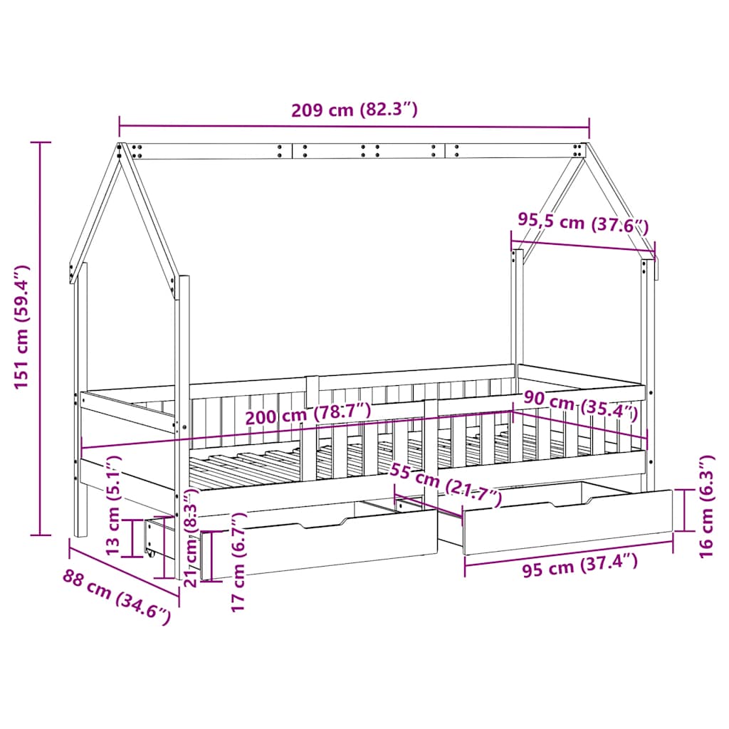 Estrutura de cama infantil c/ gavetas 90x200 cm pinho maciço