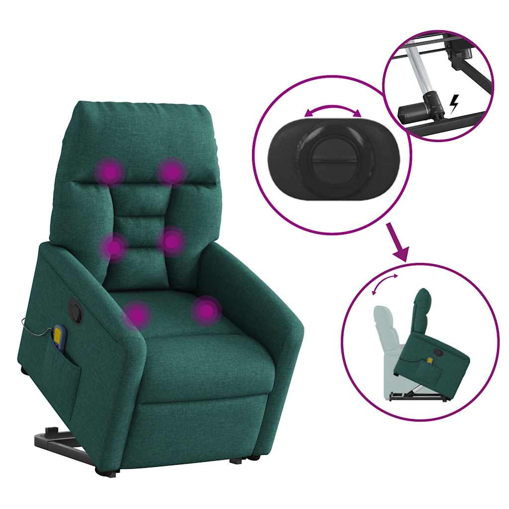 Poltrona reclinável elevatória de massagens tecido verde-escuro