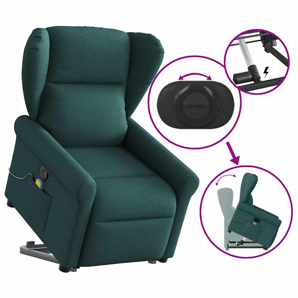 Poltrona reclinável elevatória de massagens tecido verde-escuro