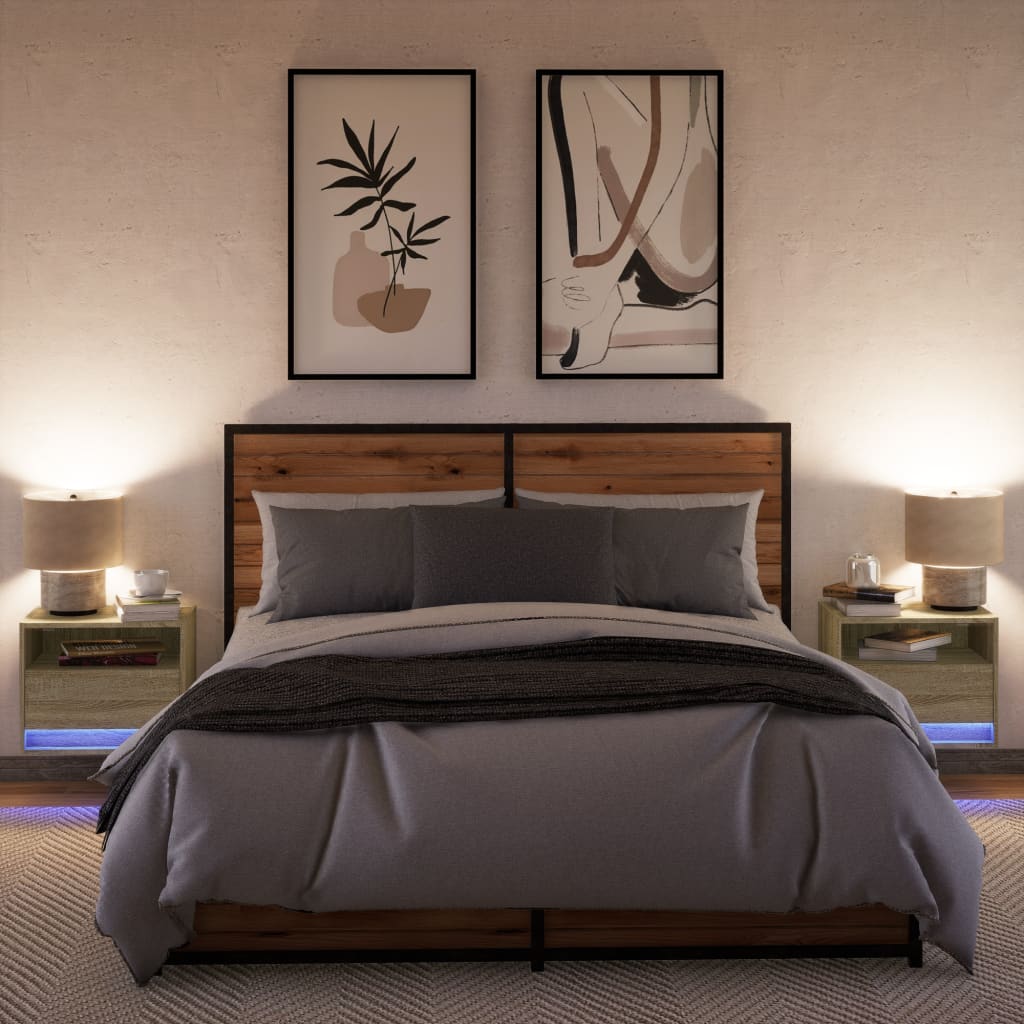 Mesas de cabeceira de parede com luzes LED 2 pcs
