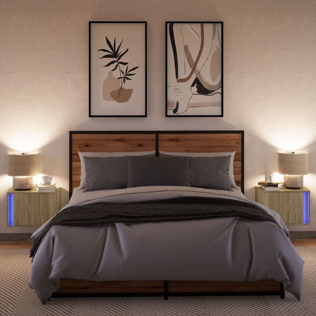 Mesas de cabeceira de parede com luzes LED 2 pcs