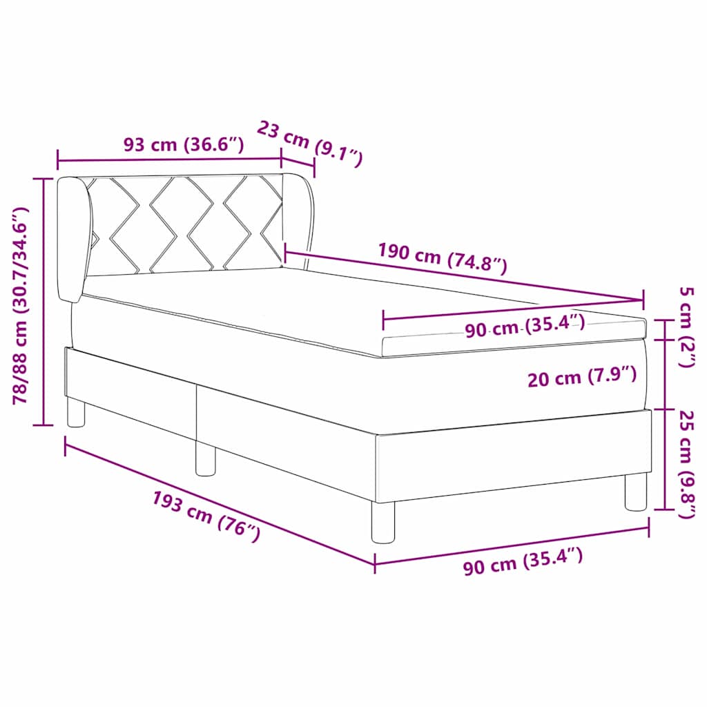Cama Box Spring com Colchão Cinza Escuro 80x200 cm em Veludo