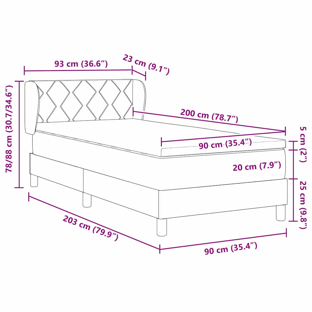 Cama Box Spring com Colchão Cinza Escuro 80x200 cm em Veludo
