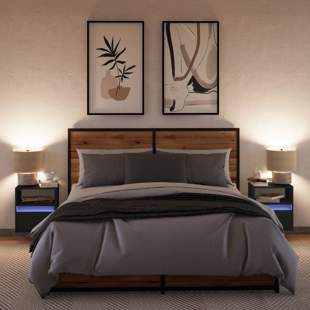 Mesas de cabeceira de parede com luzes LED 2 pcs preto