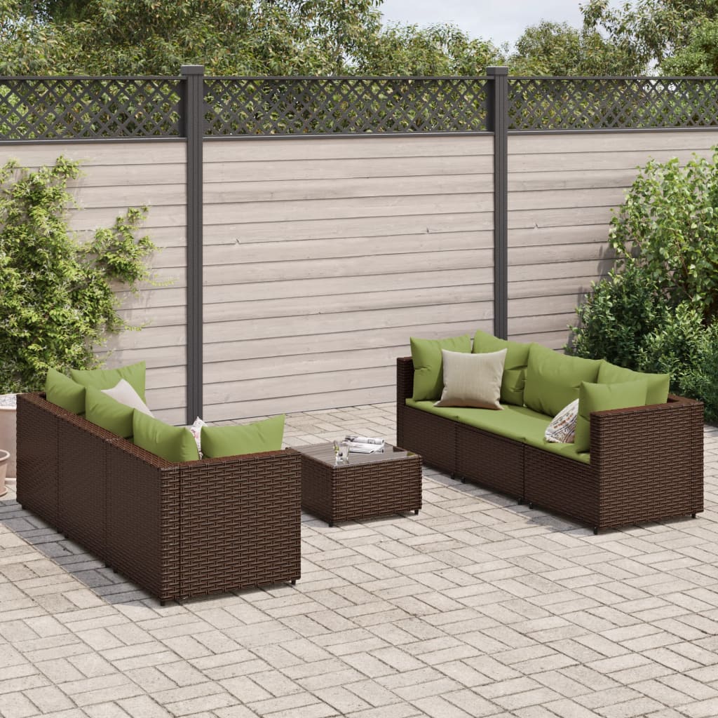 7 pcs conjunto lounge jardim c/ almofadões vime PE castanho