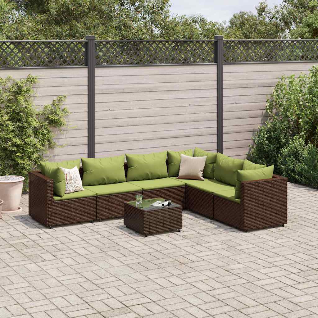 7 pcs conjunto lounge de jardim c/ almofadões vime PE castanho