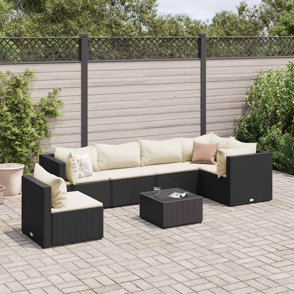 7 pcs conjunto lounge de jardim c/ almofadões vime PE preto