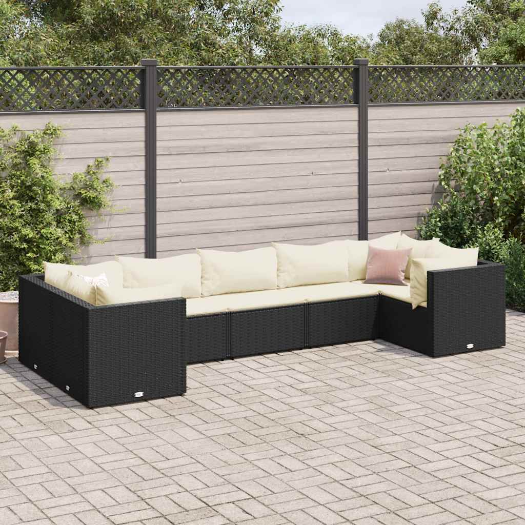 7 pcs conjunto lounge de jardim c/ almofadões vime PE preto