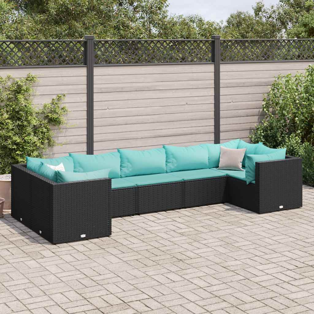7 pcs conjunto lounge de jardim c/ almofadões vime PE preto