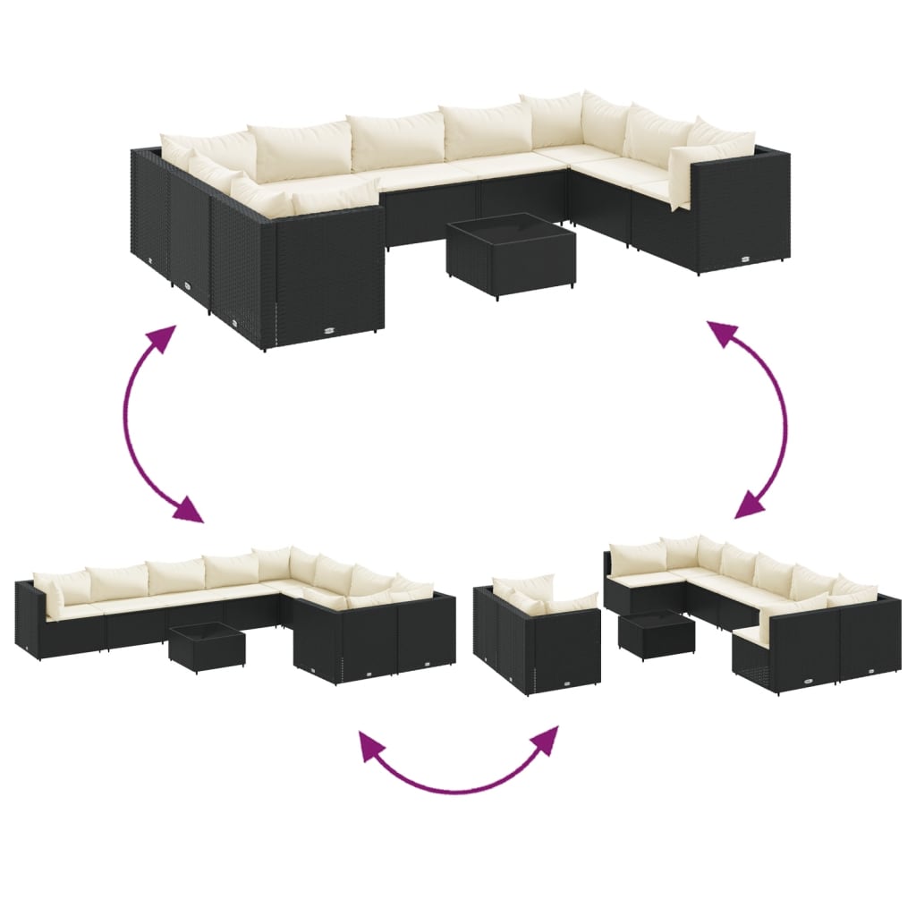 10 pcs conjunto lounge de jardim c/ almofadões vime PE preto