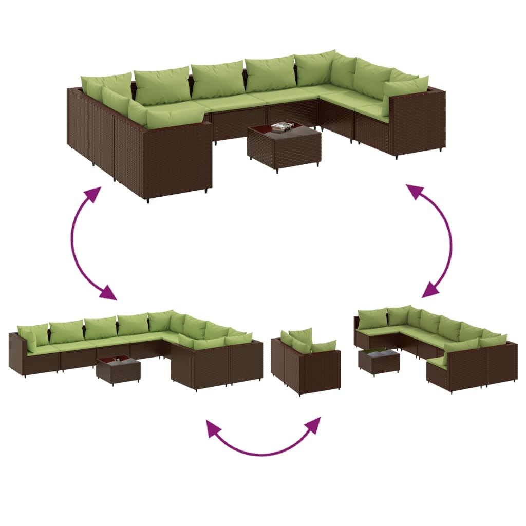 10 pcs conj. sofás jardim com almofadões vime PE castanho