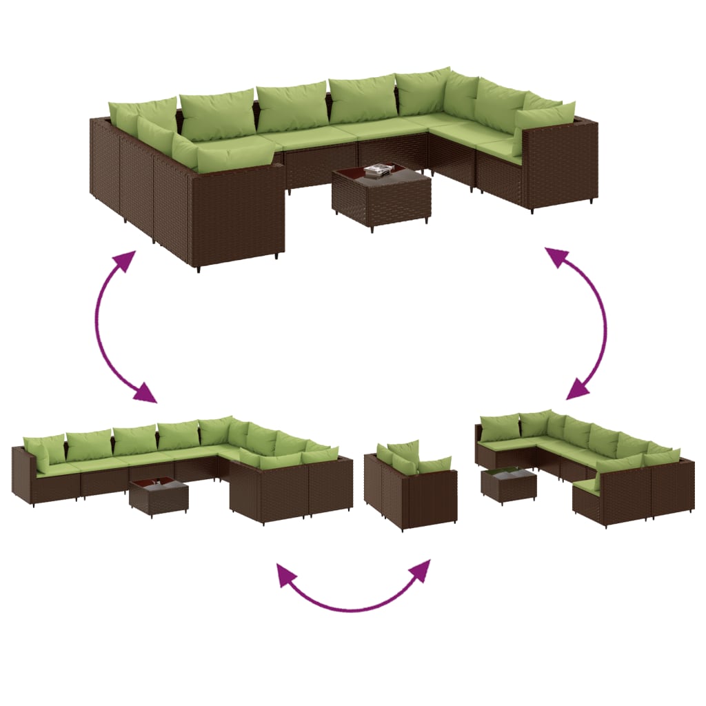 10 pcs conj. sofás jardim com almofadões vime PE castanho