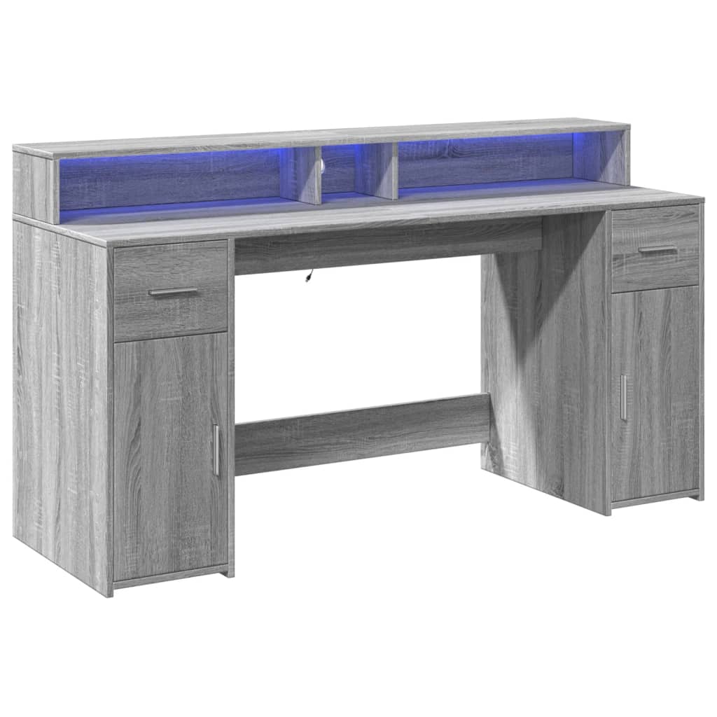 Secretária luzes LED 160x55x91cm deriv. madeira cinzento sonoma