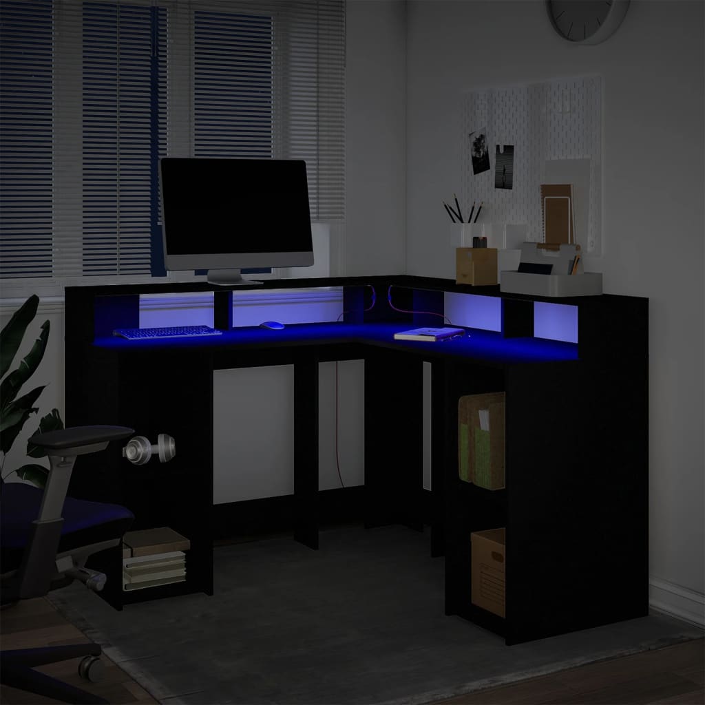 Secretária c/ luzes LED 130x130x91 cm derivados madeira preto