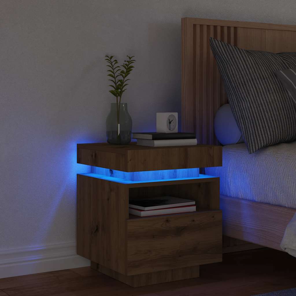 Mesa de cabeceira c/ LEDs 40x39x48,5 cm carvalho artisiano
