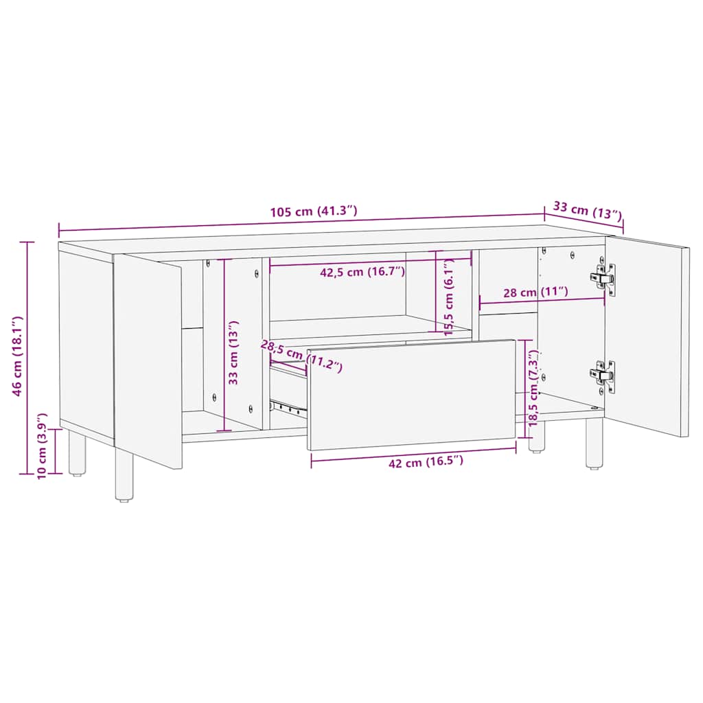 Móvel de TV castanho 105x33x46 cm madeira de mangueira maciça