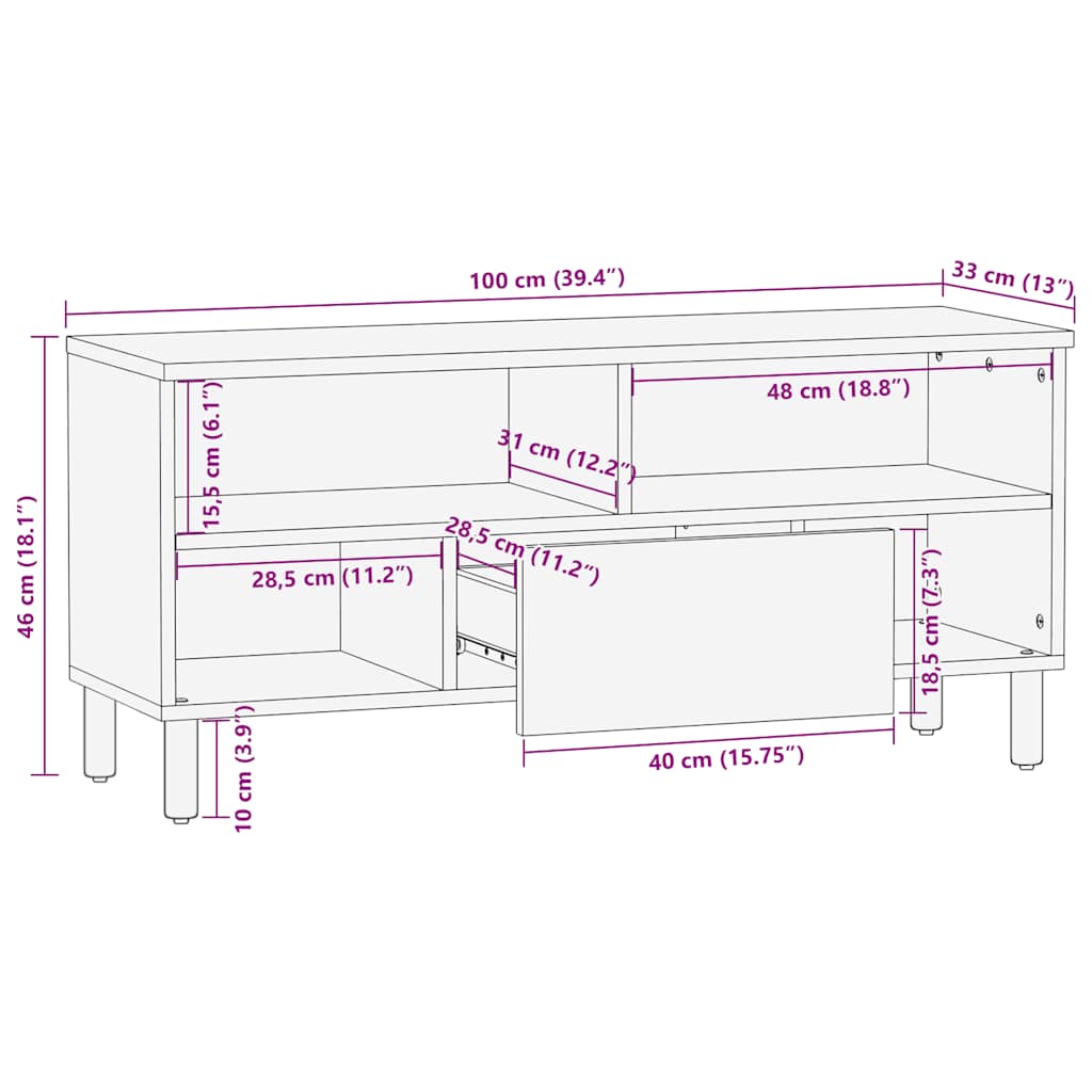 Móvel de TV 100x33x46 cm madeira de mangueira maciça castanho