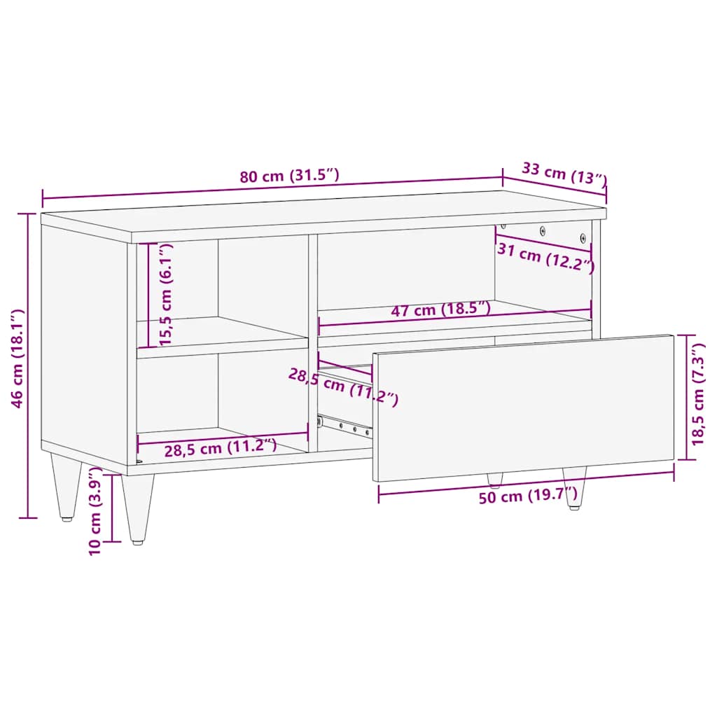 Móvel de TV 80x33x46 cm madeira de mangueira maciça preto