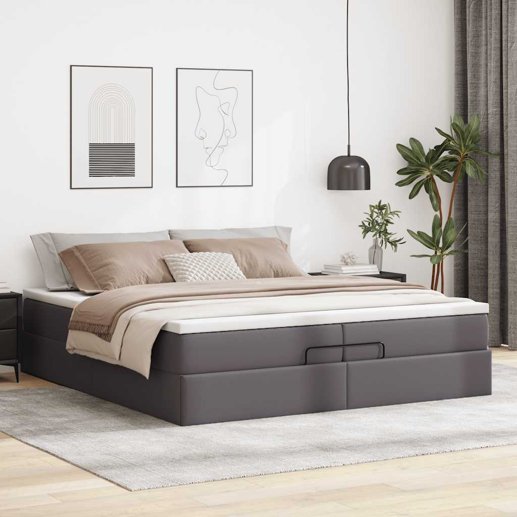 Estrutura de cama otomana com colchão cinza couro falso