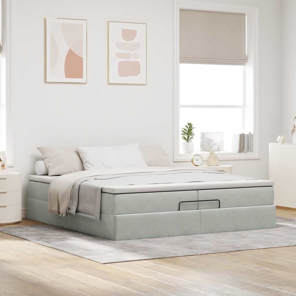 Estrutura cama otomana colchões 200x200cm veludo cinzento claro