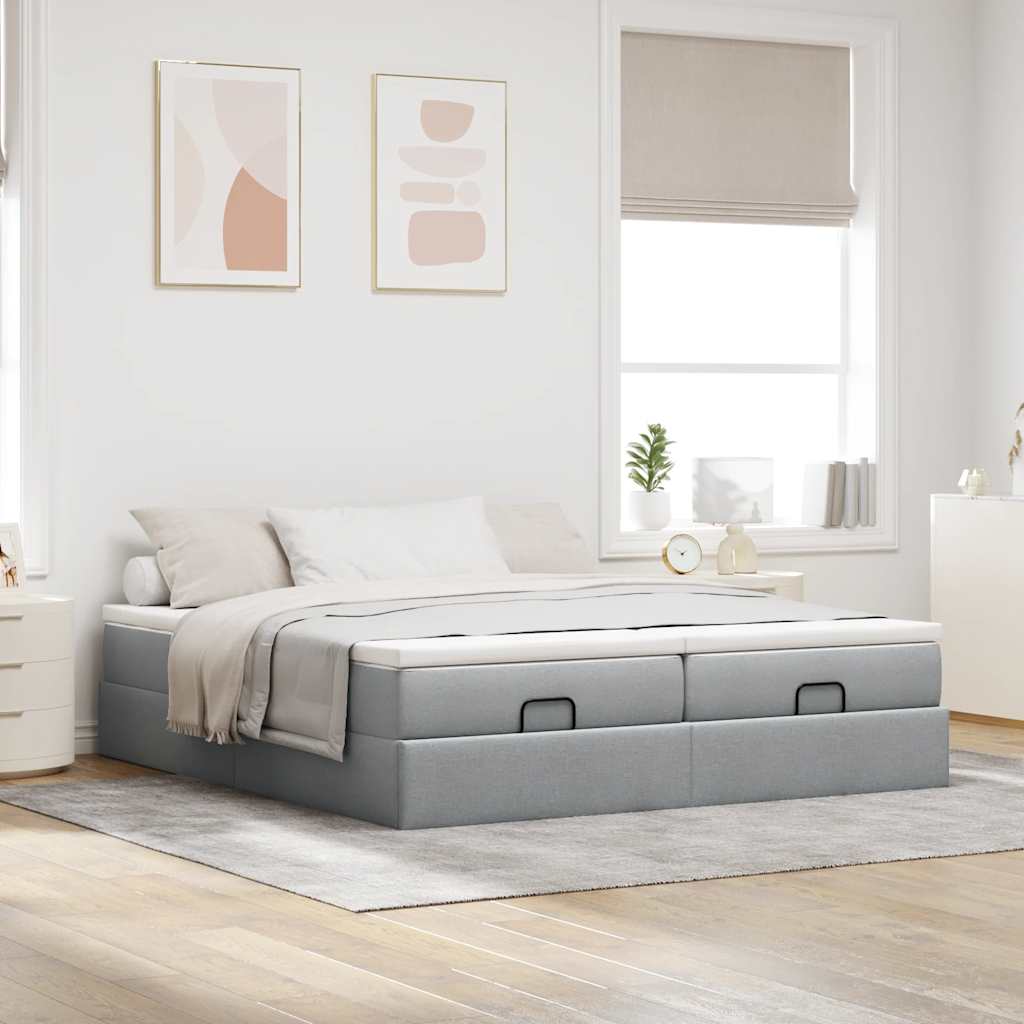 Estrutura de cama otomana com colchões tecido cinzento claro