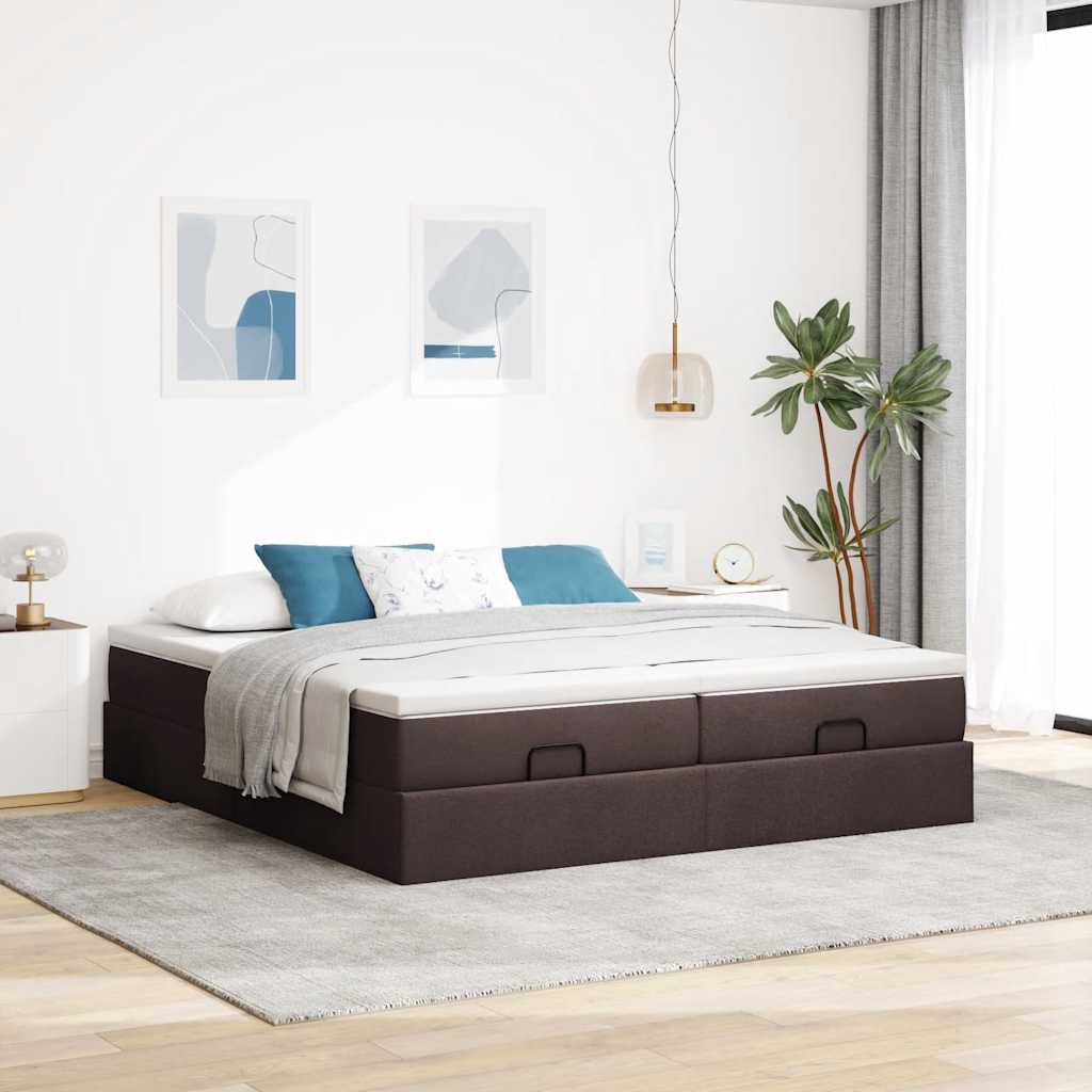 Estrutura de cama otomana com colchões tecido castanho escuro