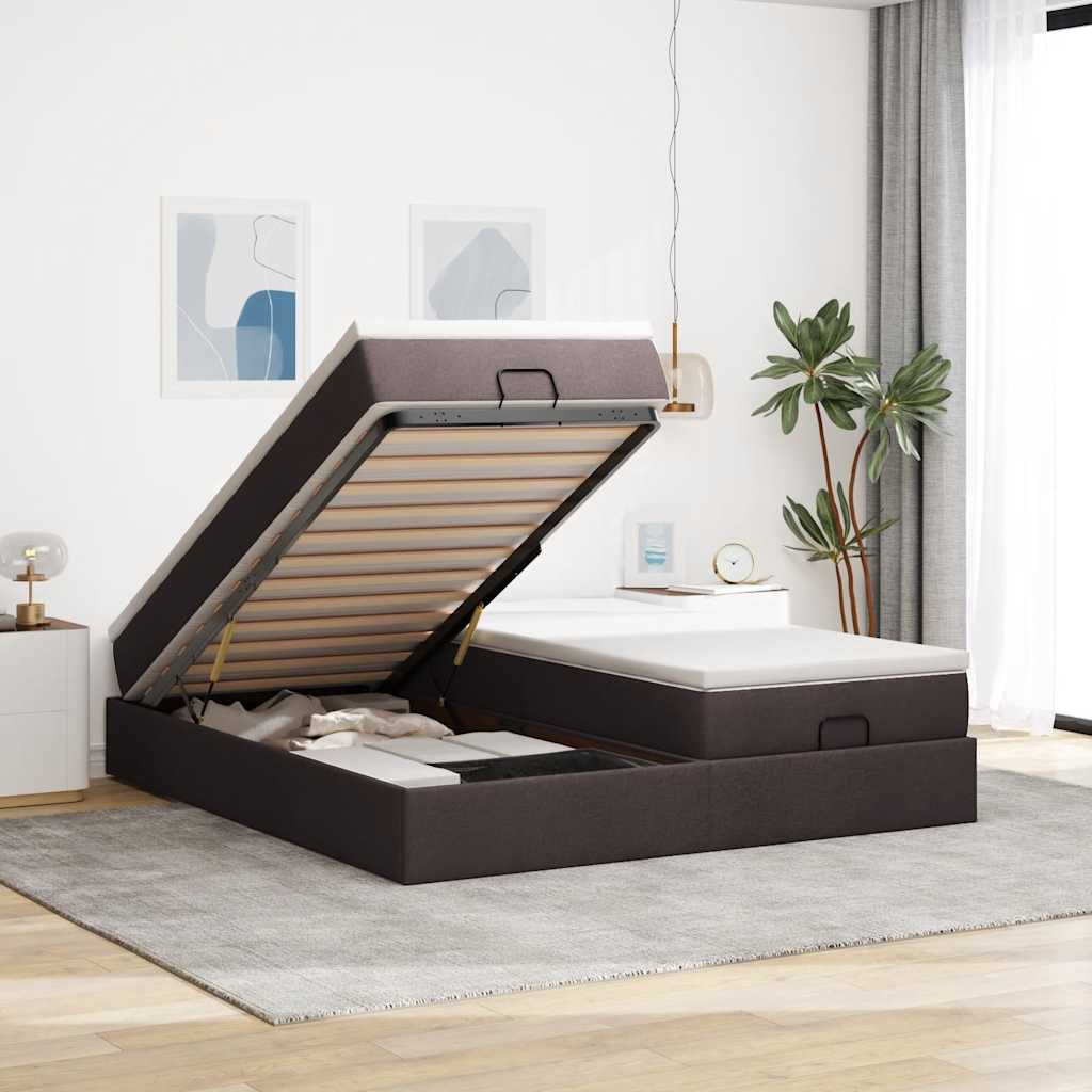 Estrutura de cama otomana com colchões tecido castanho escuro