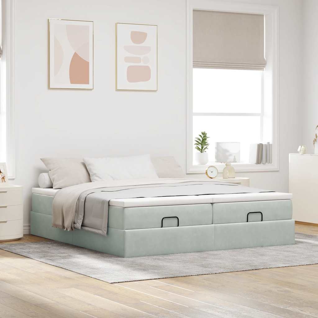 Estrutura cama otomana colchões 200x200cm veludo cinzento claro