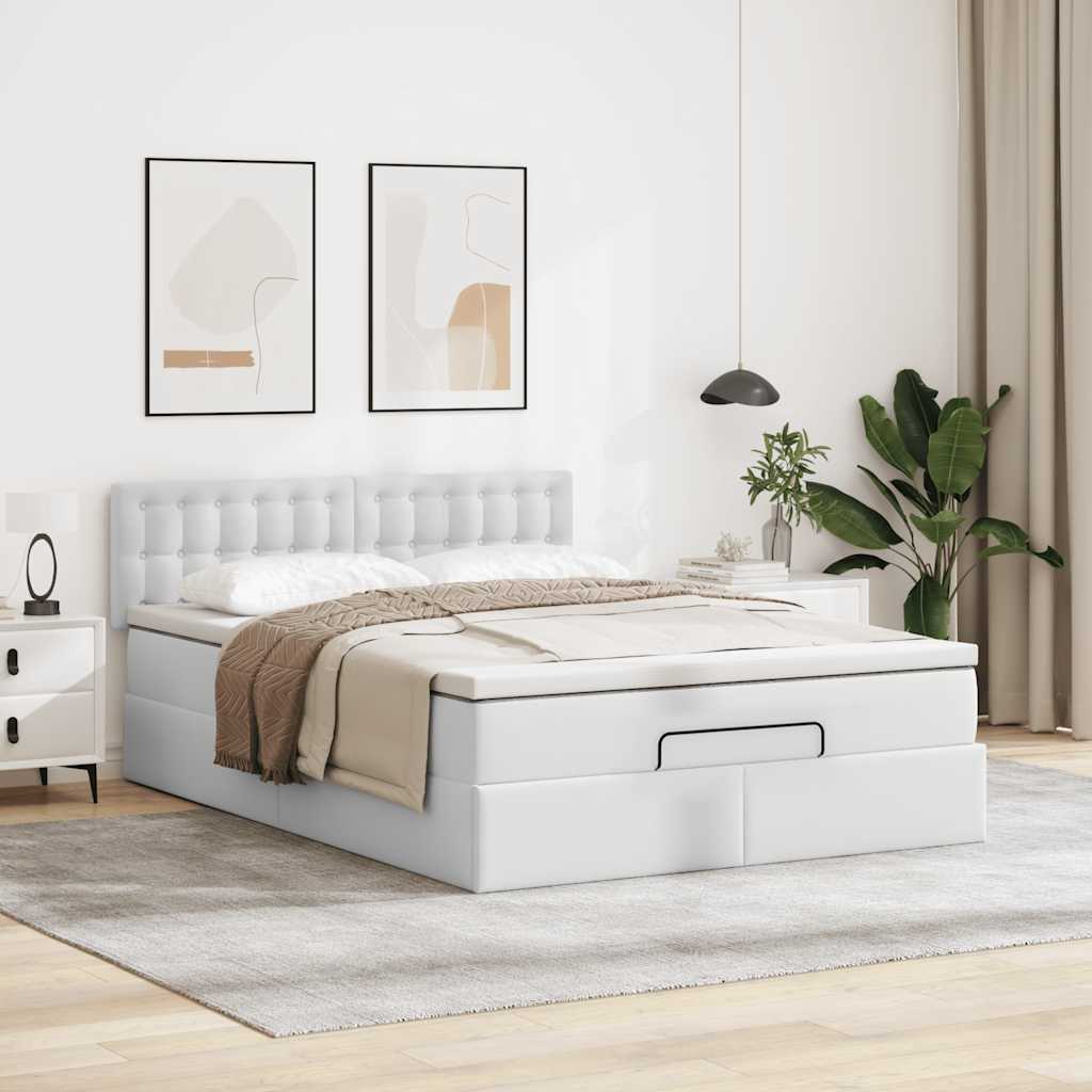 Estrutura de cama otomana com colchão branco couro falso